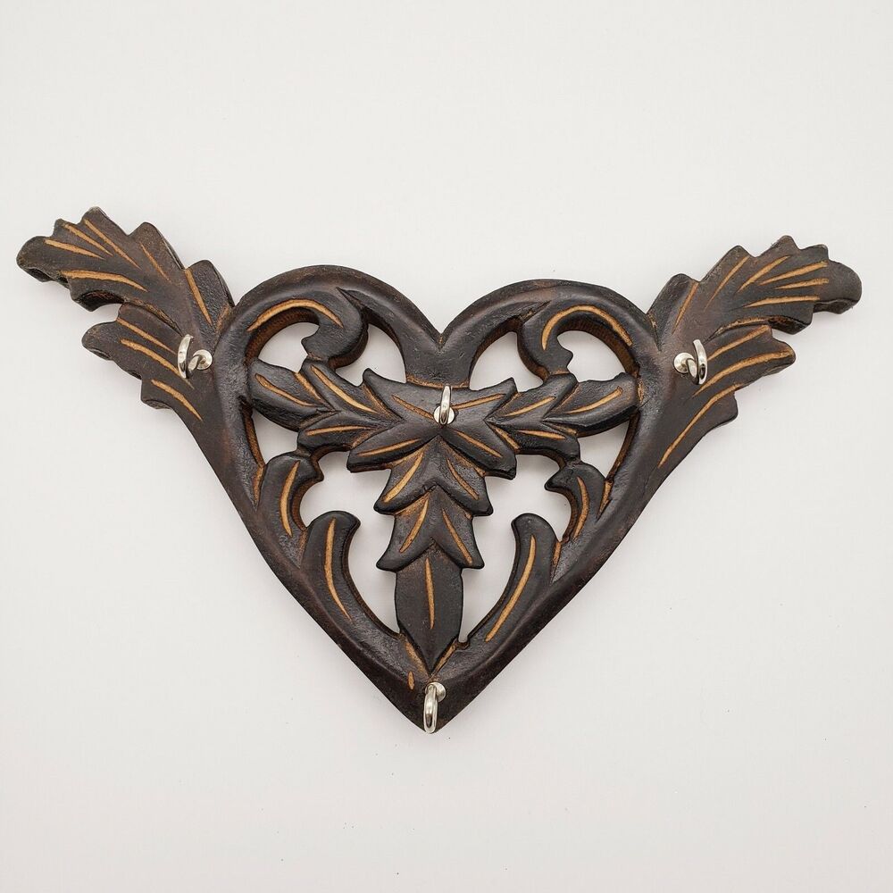 Heart Shaped Key Jewelry Hook Holder Wood Folk Art Dark Cottage